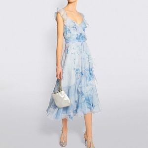 MARCHESA NOTTE Chiffon and Lace Tea-Length Dress Blue